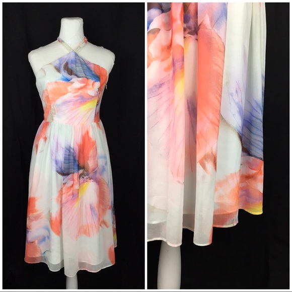 WHBM Chiffon Watercolor Print Halter Dress - Picture 2 of 7